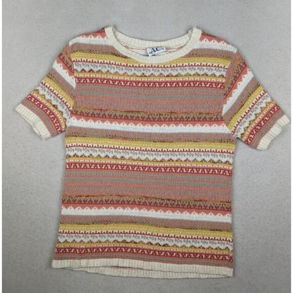 AMERICAN COLLECTION - WOMEN'S CORAL ORANGE STRIPED SHORT SLEEVE PULLOVER SWEATER - Picture 3 of 12